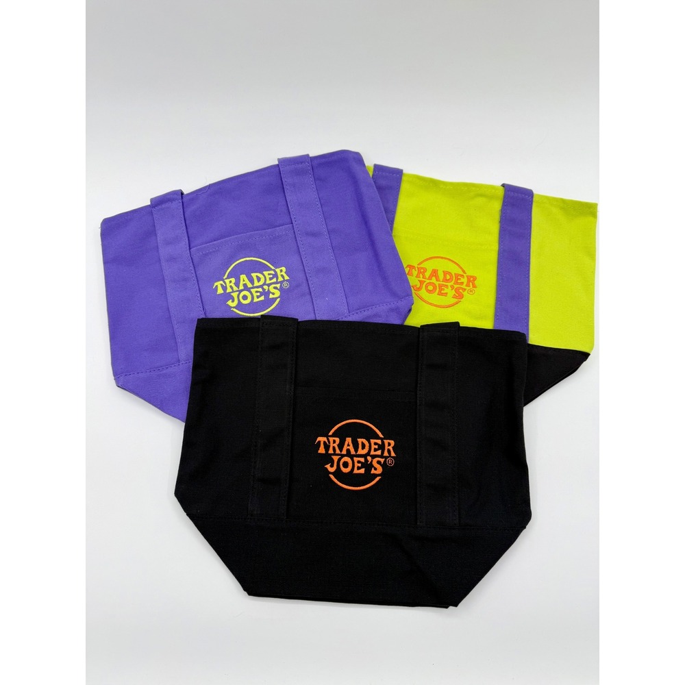 Trader Joes Trick or Treat Canvas Mini Tote Bag Set Purple Green Black 81415